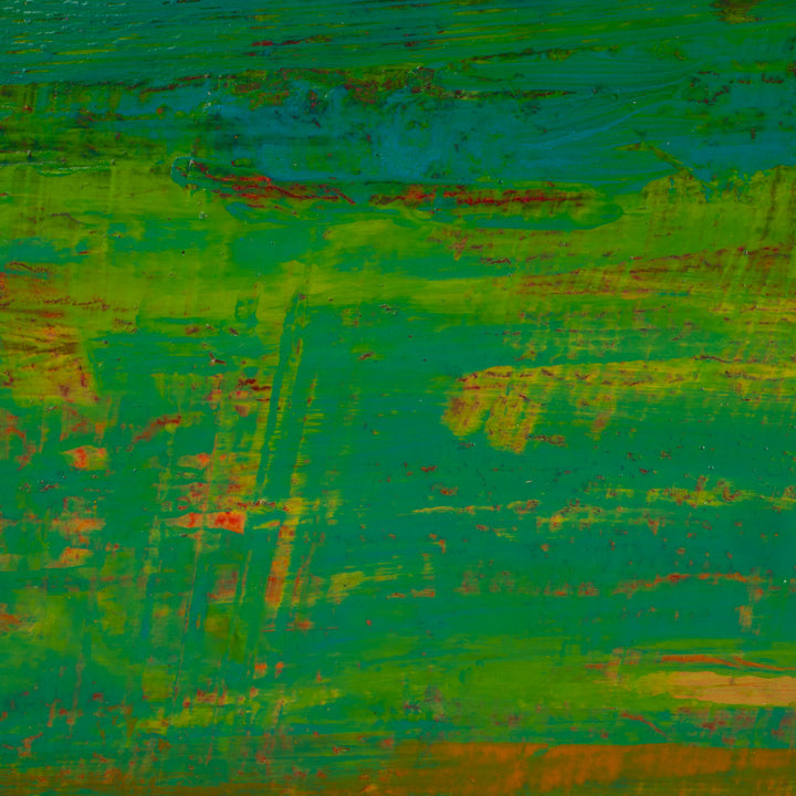 Modern abstract painting in green, white and orange by Jacques Hemain
