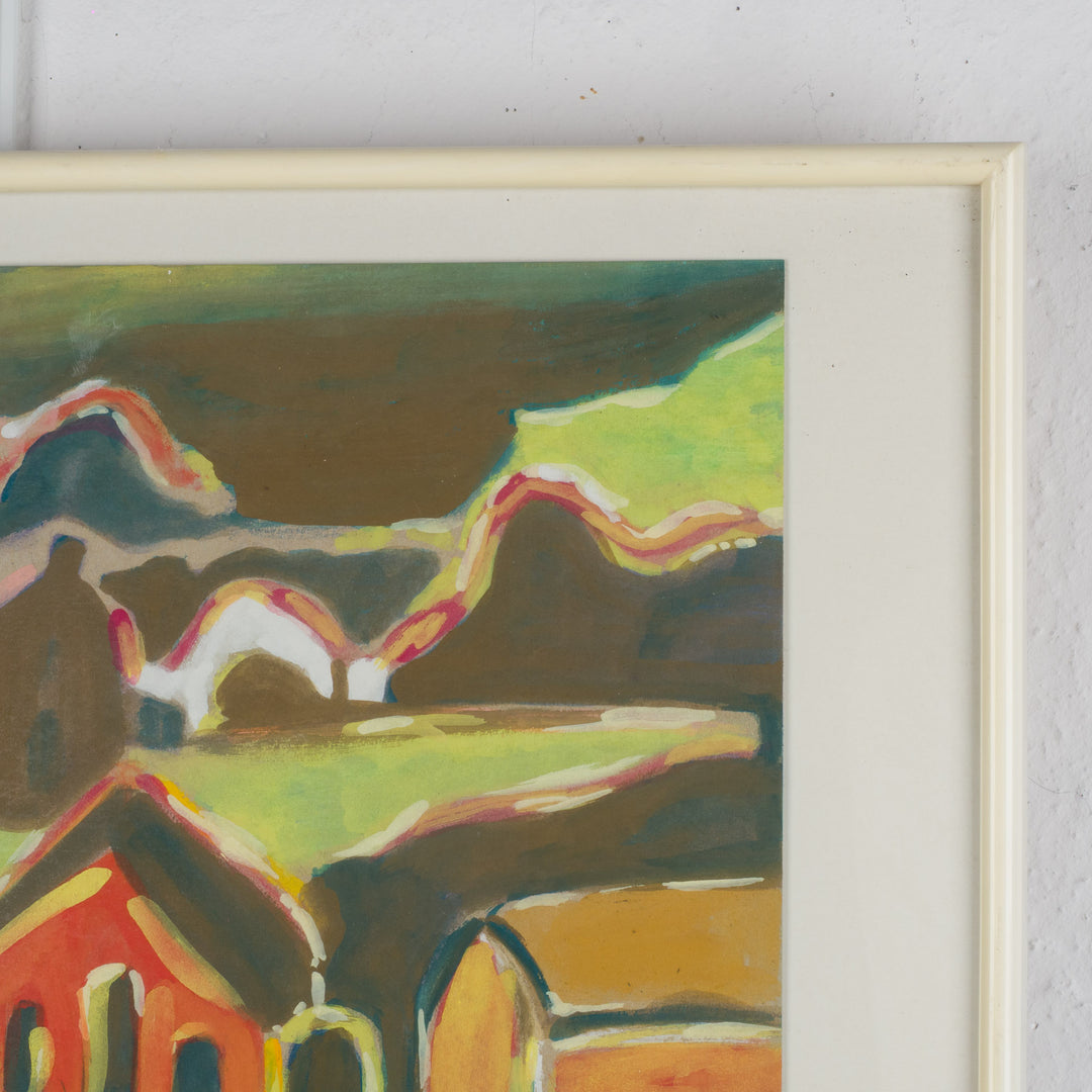 Schilderij “Huizen aan Zee – Kobaltblauw Landschap” door S. Matthijs /  51,5 x 41,5 cm