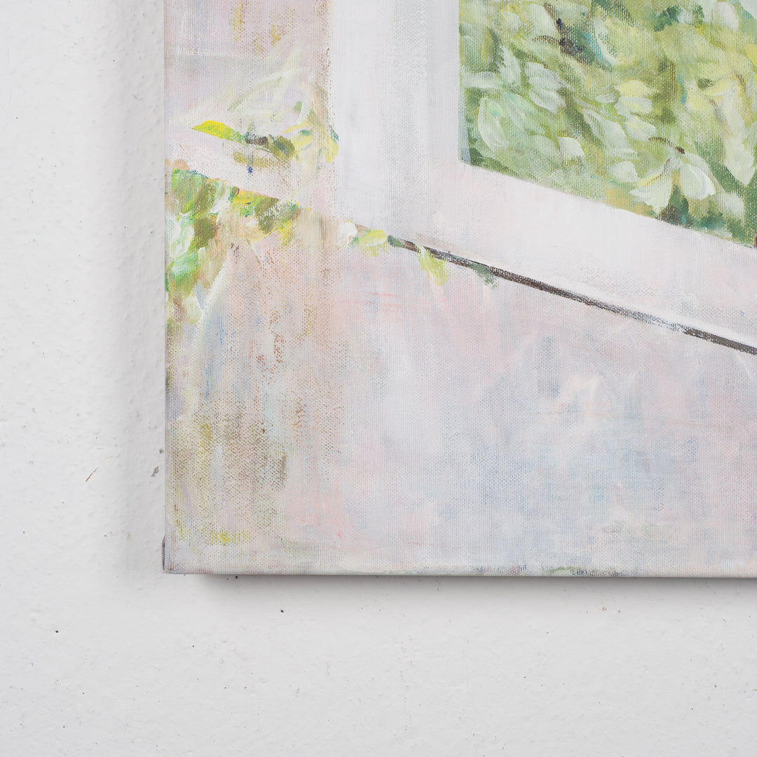 Painting by Rita Pollet – man looking through the window in soft pastel shades