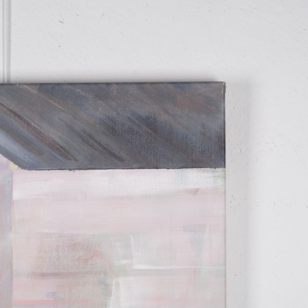 Painting by Rita Pollet – man looking through the window in soft pastel shades