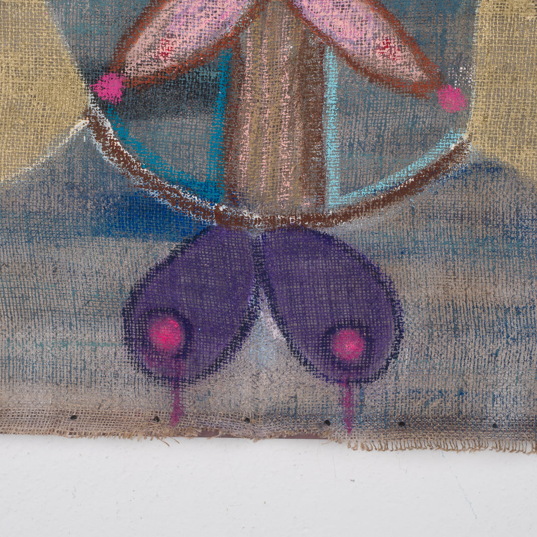 Painting of an iconic figure on jute – Heidi Schoefs – 117x110 cm