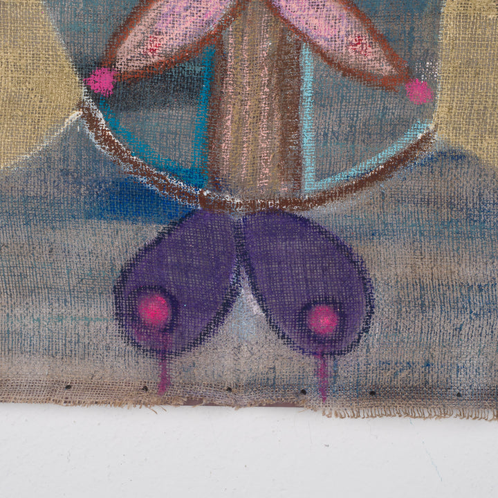 Painting of an iconic figure on jute – Heidi Schoefs – 117x110 cm