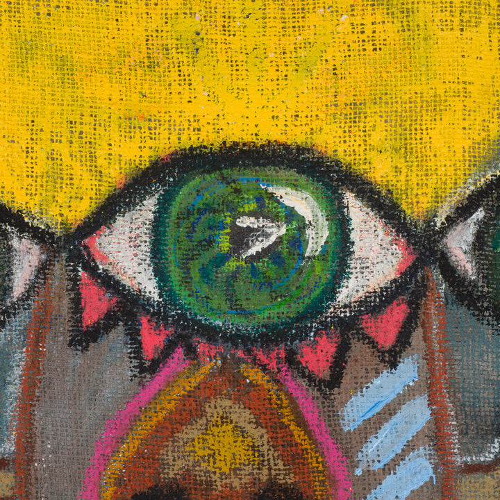 Painting of an iconic figure on jute – Heidi Schoefs – 117x110 cm