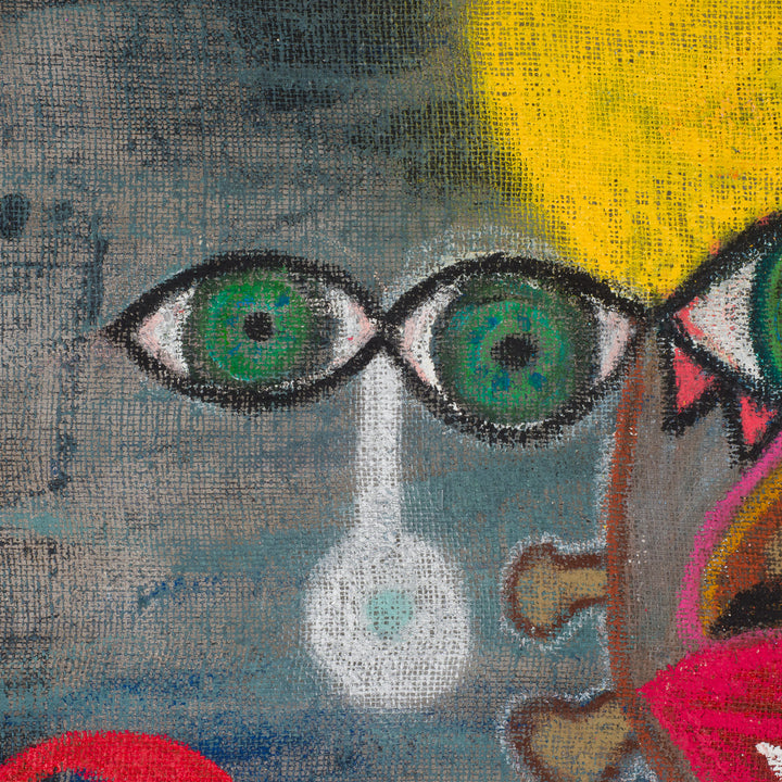 Painting of an iconic figure on jute – Heidi Schoefs – 117x110 cm