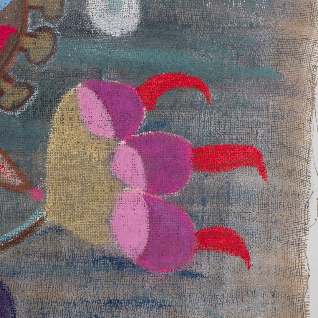 Painting of an iconic figure on jute – Heidi Schoefs – 117x110 cm