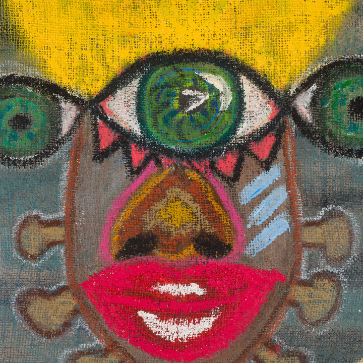 Painting of an iconic figure on jute – Heidi Schoefs – 117x110 cm