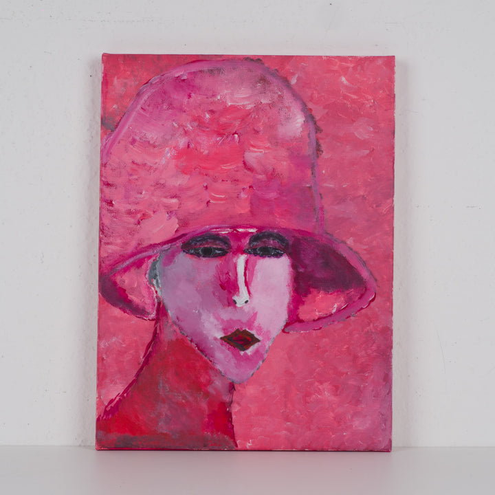 Roze schilderij van een vrouw met hoed – JP Terryn