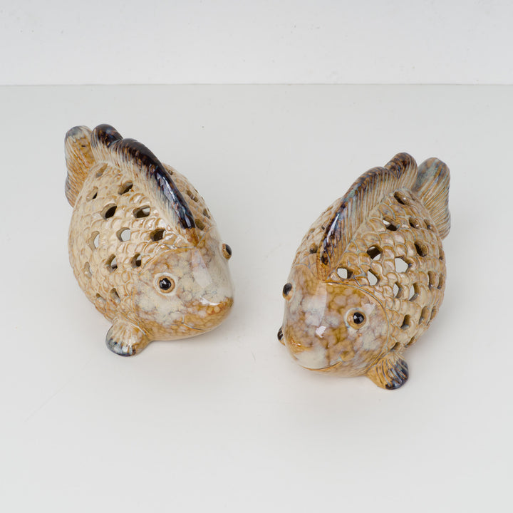 Set of 2 Glazed ceramic tea light holders in the shape of fish - atmospheric eye-catchers