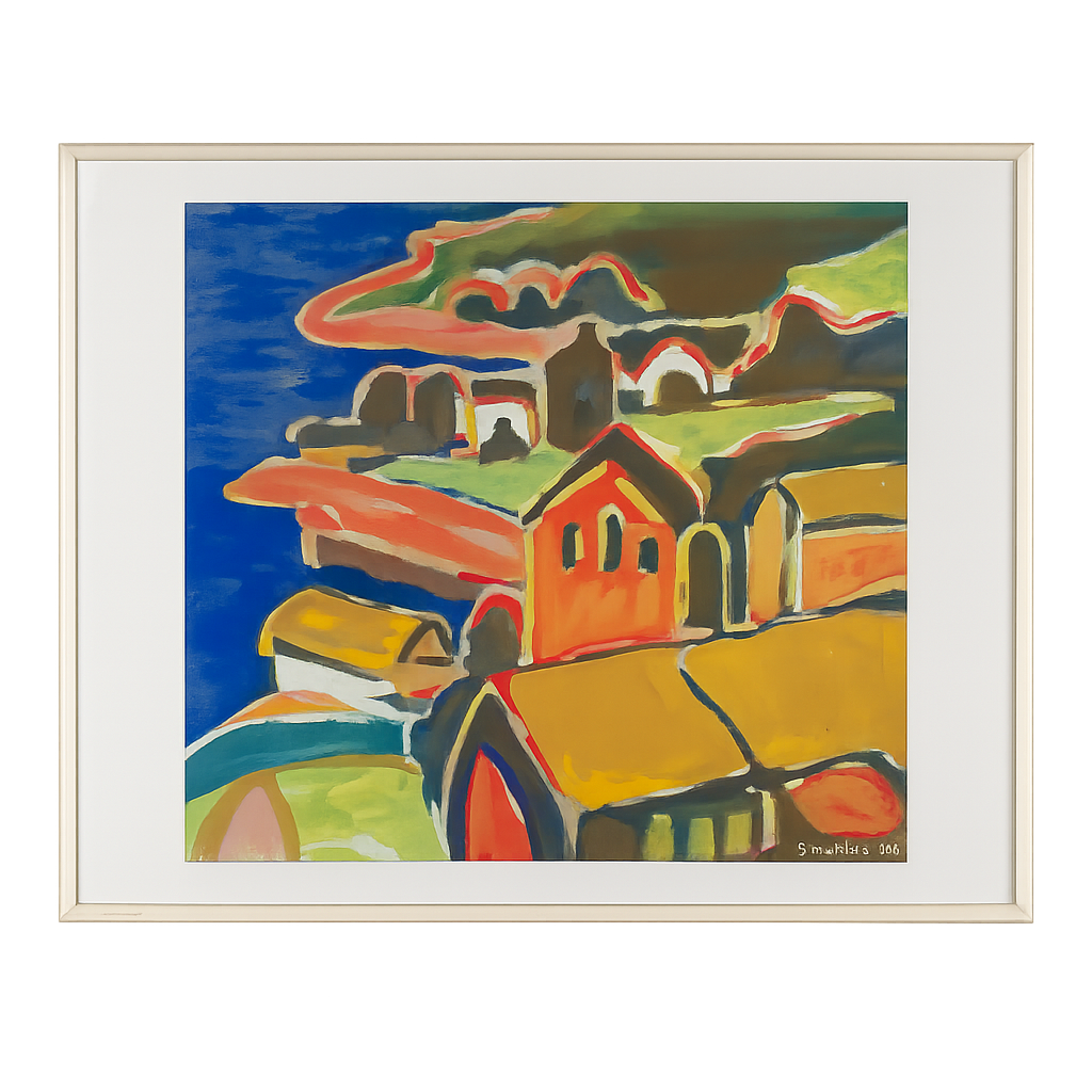Schilderij “Huizen aan Zee – Kobaltblauw Landschap” door S. Matthijs /  51,5 x 41,5 cm