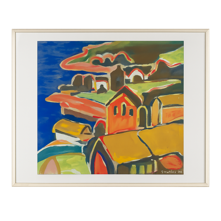 Schilderij “Huizen aan Zee – Kobaltblauw Landschap” door S. Matthijs /  51,5 x 41,5 cm