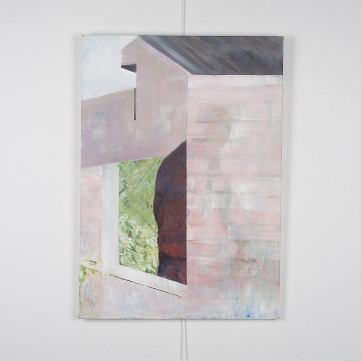 Painting by Rita Pollet – man looking through the window in soft pastel shades