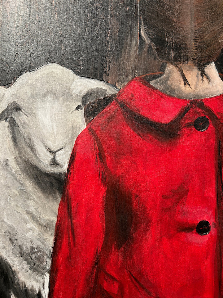 Atelier S – La Fille au Manteau Rouge | Meisje tussen de Schapen – Schilderij 60 x 80 x 4 cm