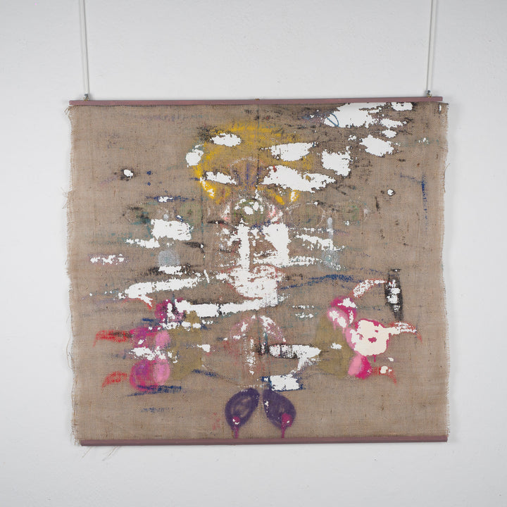 Painting of an iconic figure on jute – Heidi Schoefs – 117x110 cm