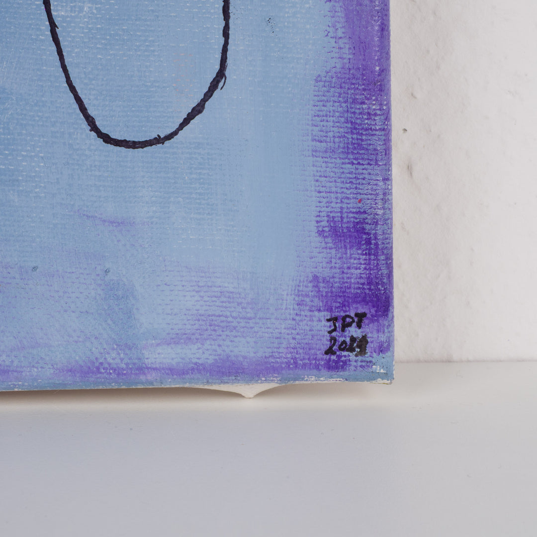 Schilderij geometrisch vrouwengezicht in licht blauw, paars en oranje – JP Terryn (2021) – 21 x 30 cm