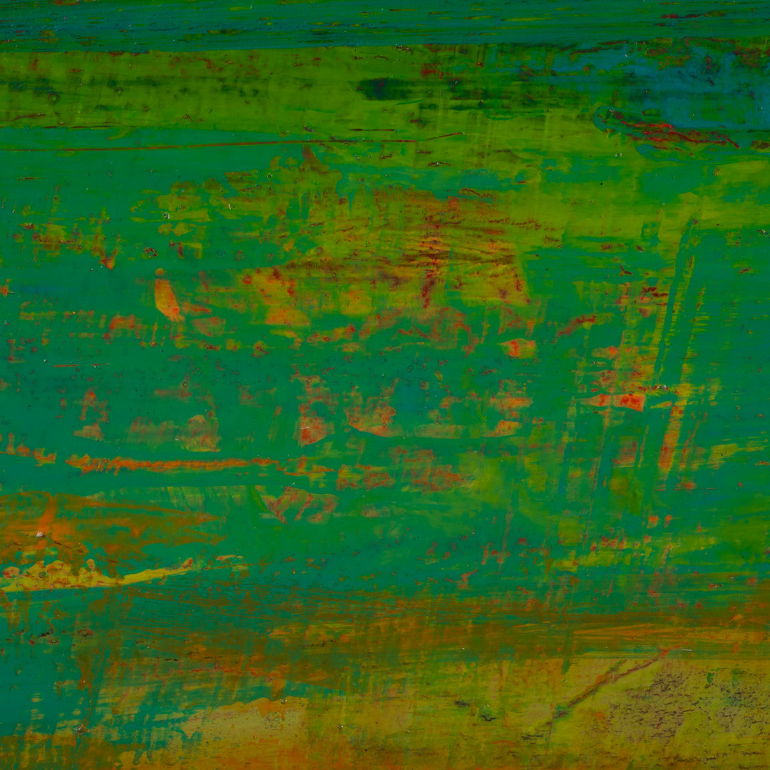 Modern abstract painting in green, white and orange by Jacques Hemain