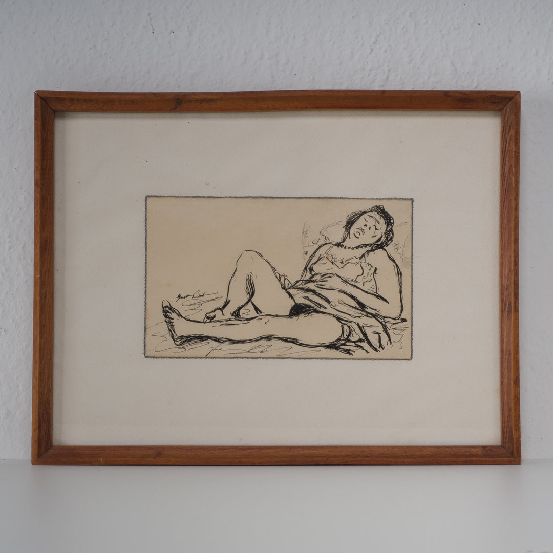 Nice ink drawing of a lying lady by Gust Smet