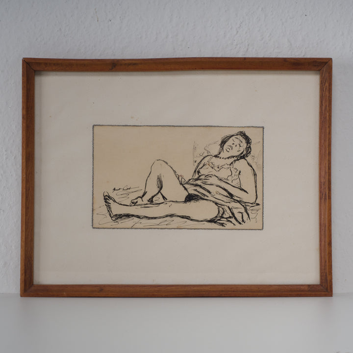 Nice ink drawing of a lying lady by Gust Smet