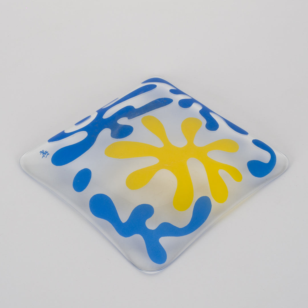 Vintage Schaaltje van Y. Blayo – Kunstzinnig Design in Geel en Blauw / 19 x 19 x 3 cm