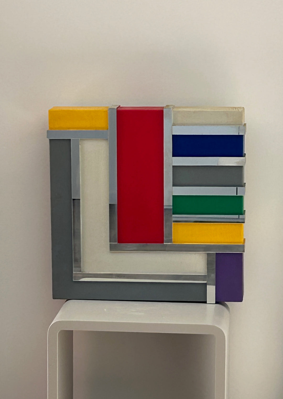 Geometrisch Ritme in Kleur – Vintage Houten Kunstwerk met Spiegelaccenten (36x36 cm)