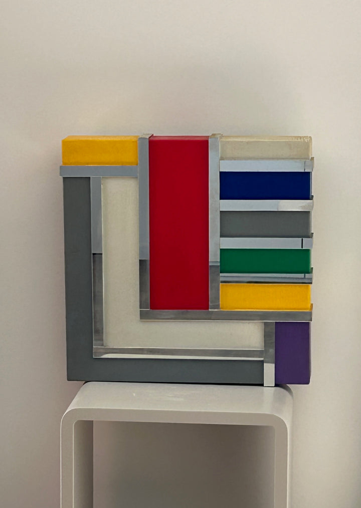 Geometrisch Ritme in Kleur – Vintage Houten Kunstwerk met Spiegelaccenten (36x36 cm)