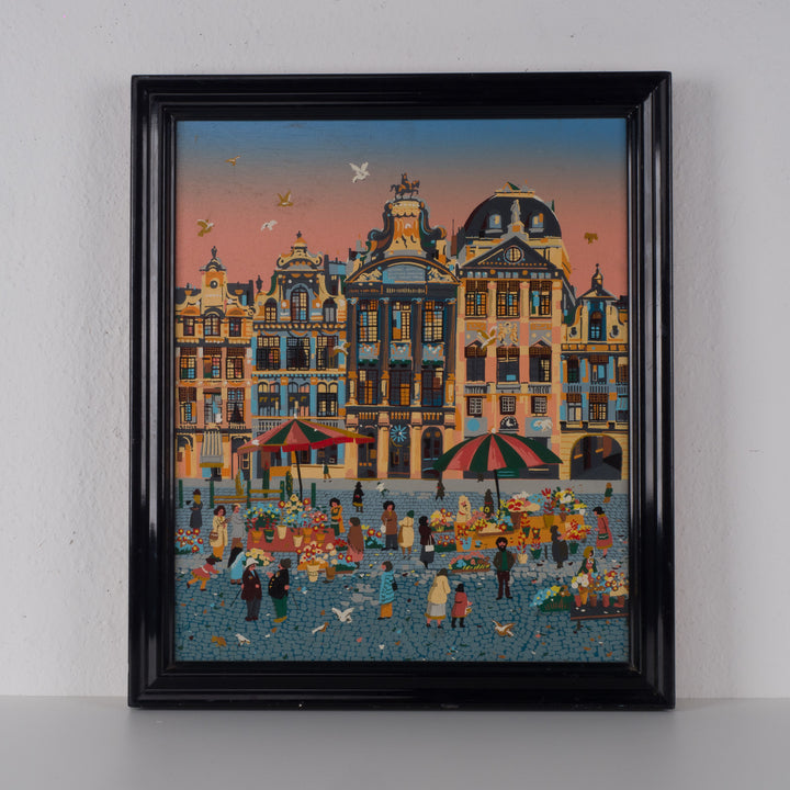 Stadszicht op marktplein – gesigneerd Frey – 53 x 63 x 4 cm