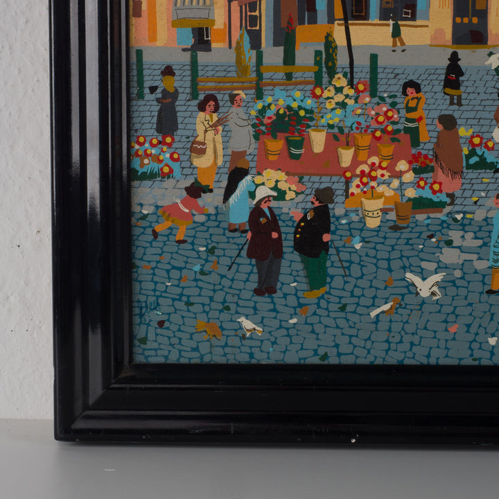 Stadszicht op marktplein – gesigneerd Frey – 53 x 63 x 4 cm