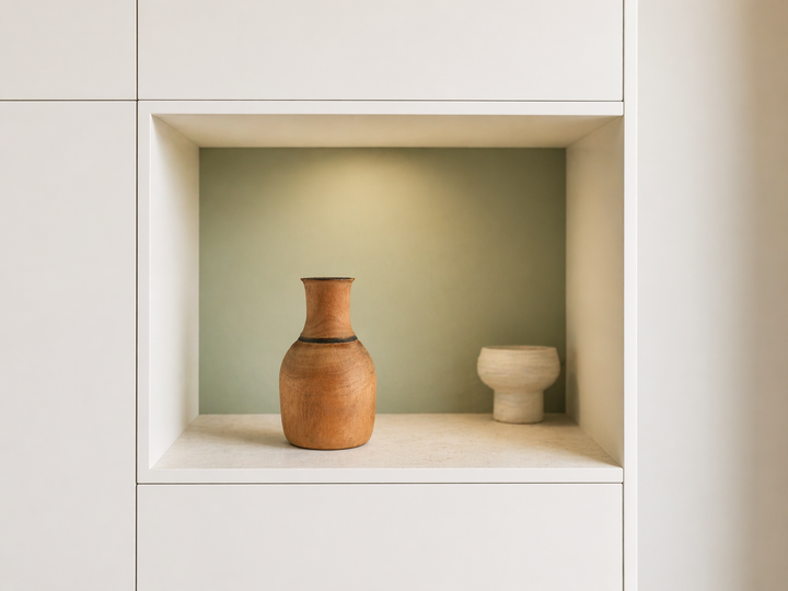 Aards afrikaans houten vaasje met zwarte halslijn