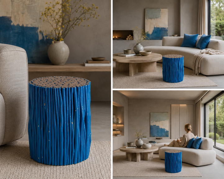 Blauw houten krukje met takjes /  35 x 35 x 45,5 cm