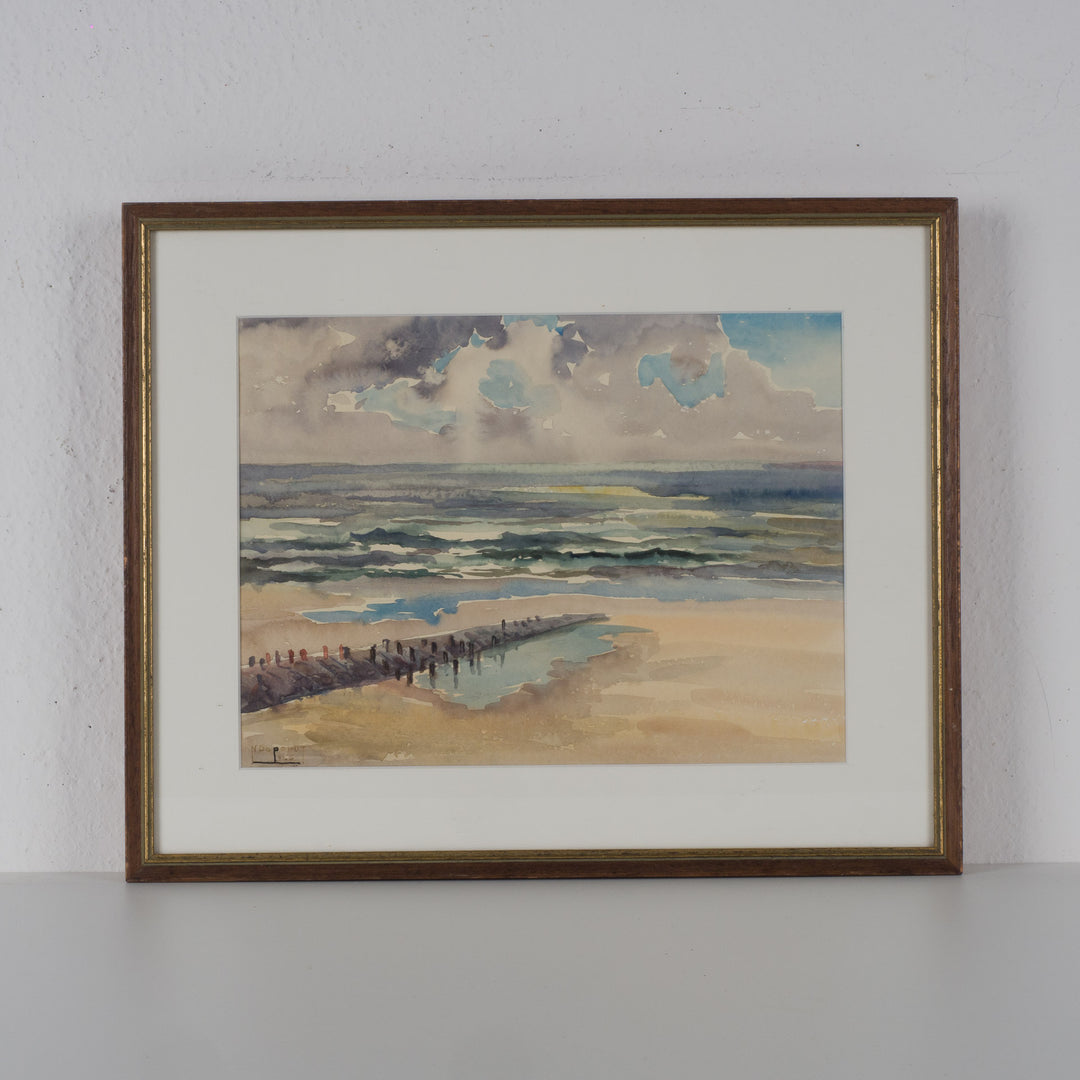 Beautiful watercolor of sea and beach, signed: N. Depondt