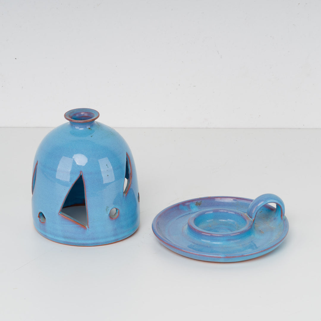 2-piece blue glazed tea light holder in terracotta – authentic charm