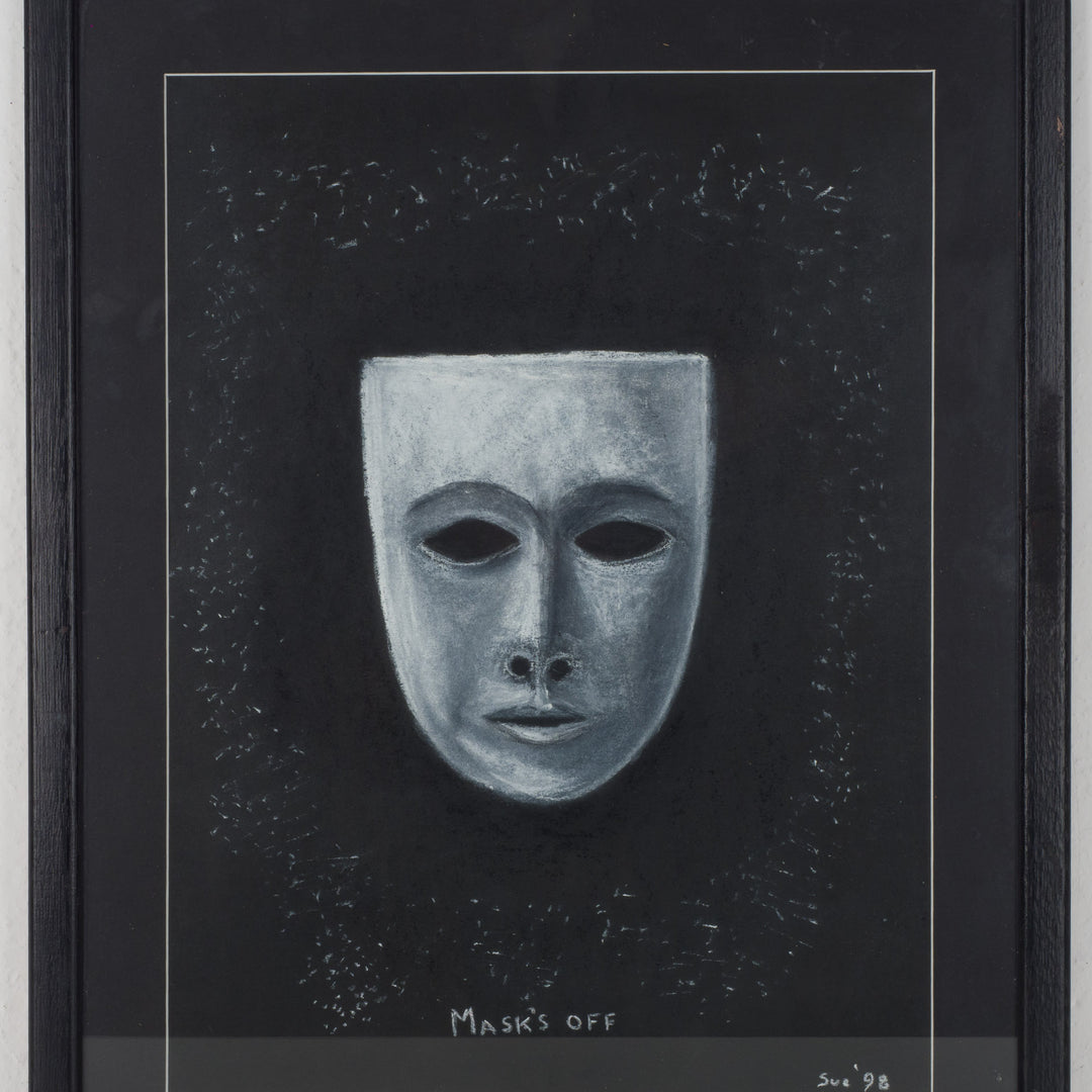 "Mask's Off" – Black and white chalk drawing by Sue (1998)