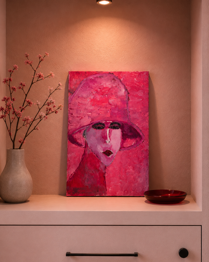 Roze schilderij van een vrouw met hoed – JP Terryn / 29,5 × 39,5 × 2 cm