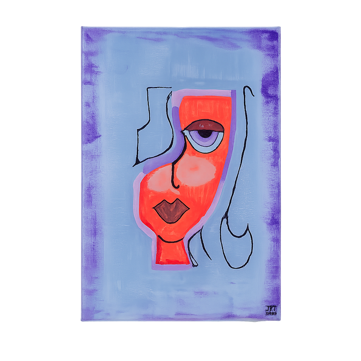 Schilderij geometrisch vrouwengezicht in licht blauw, paars en oranje – JP Terryn (2021) – 21 x 30 cm