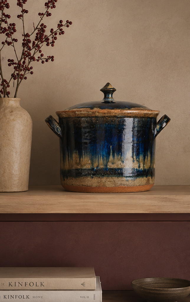 Antieke aardewerken grespot – Blauwe glazuur met oren / 22,5x22,5x22,5cm