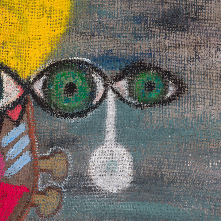 Painting of an iconic figure on jute – Heidi Schoefs – 117x110 cm