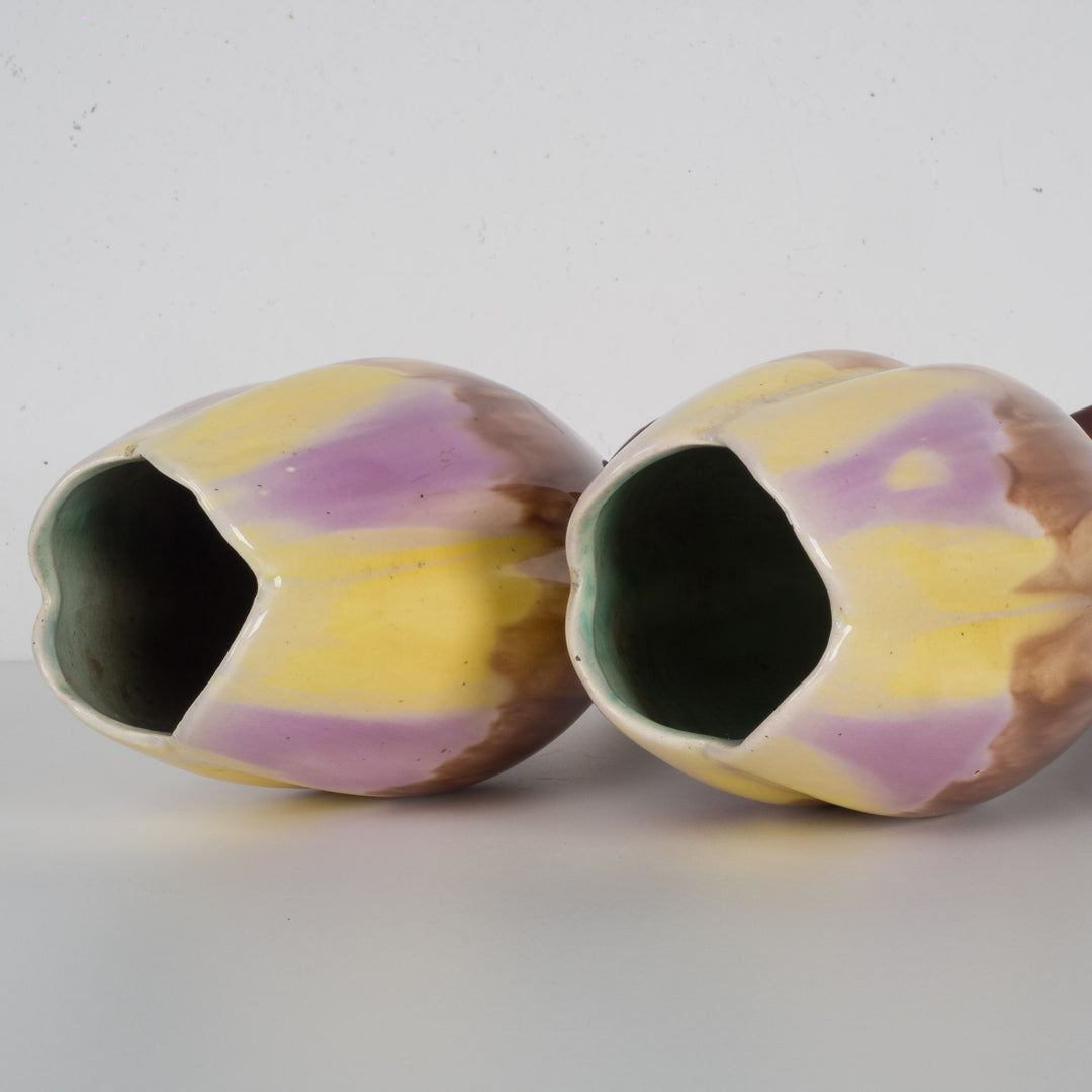 Set of 2 Art Deco vases – Beautiful drip glaze in purple, yellow and brown