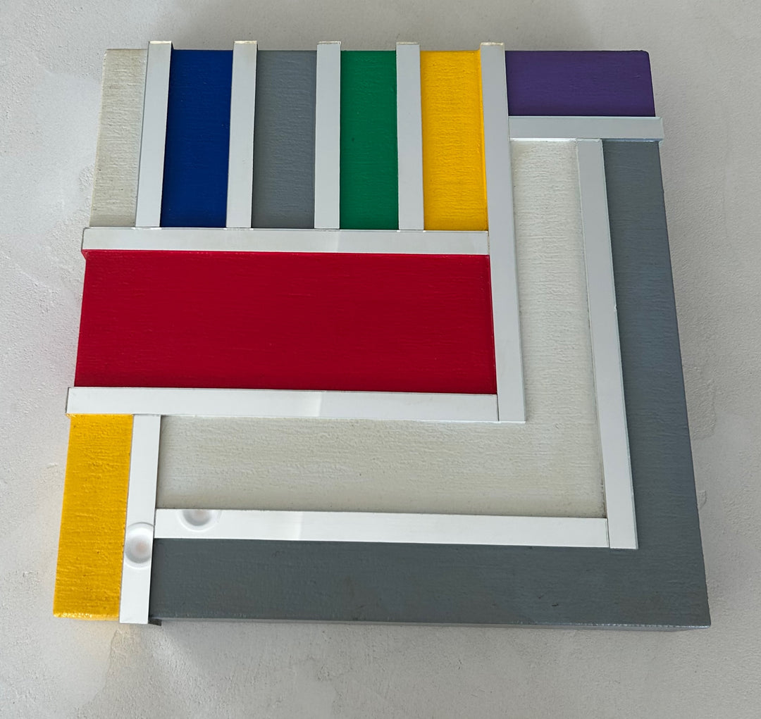 Geometrisch Ritme in Kleur – Vintage Houten Kunstwerk met Spiegelaccenten (36x36 cm)