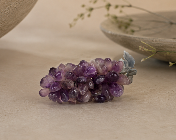 Glazen Druiven in Licht Paars met Metalen Blad / 9x5x5cm