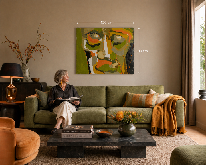 Hedendaags portret in groen en oranje – Hilde Deceuninck - 120x100cm