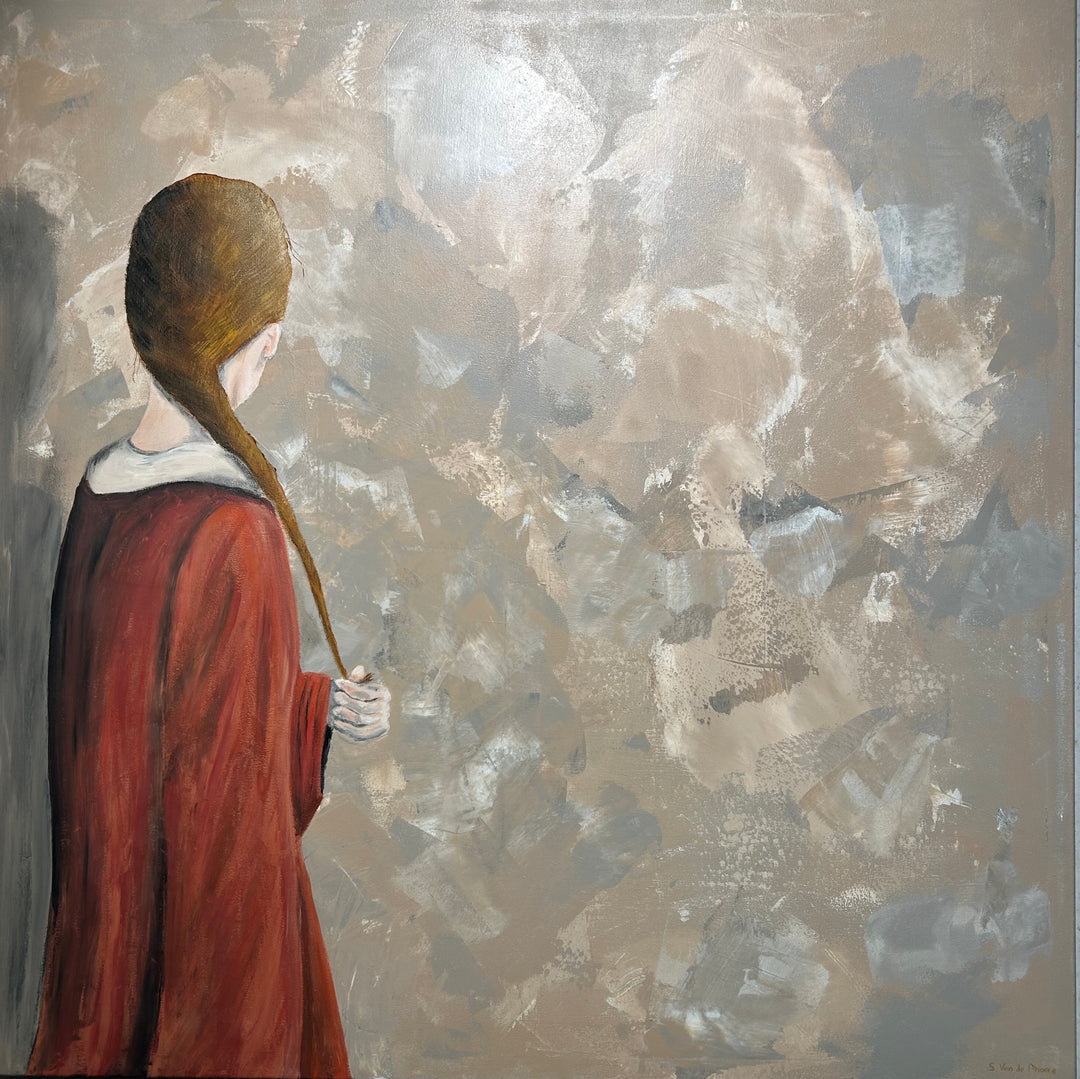Schilderij Atelier S – 120 × 120 × 4 cm | Hedendaagse figuratieve kunst met abstracte achtergrond