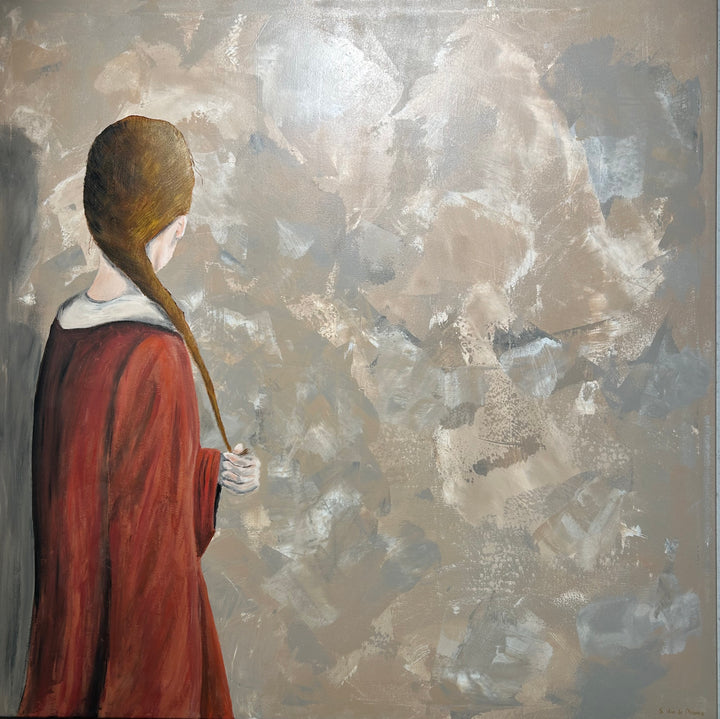 Schilderij Atelier S – 120 × 120 × 4 cm | Hedendaagse figuratieve kunst met abstracte achtergrond