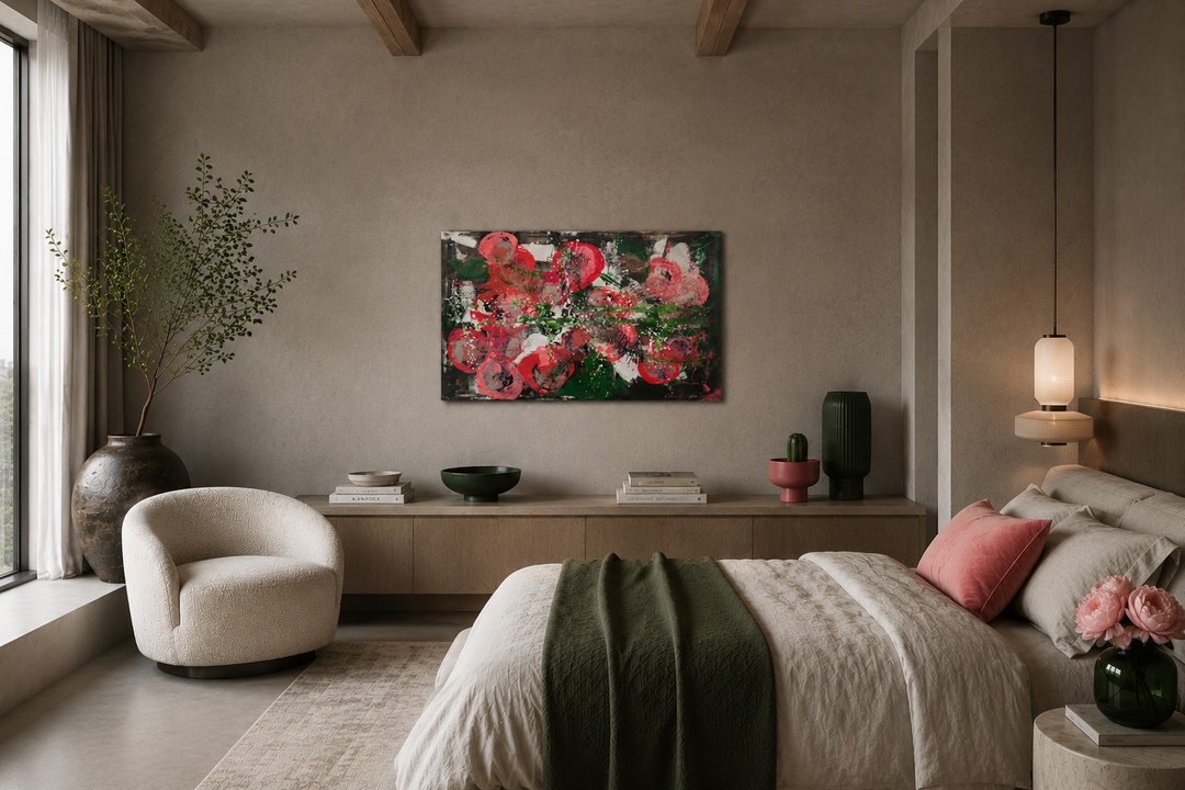 Hedendaags groot schilderij abstracte bloemen in roze en groen door Hilde Deceuninck / 100x150x4cm