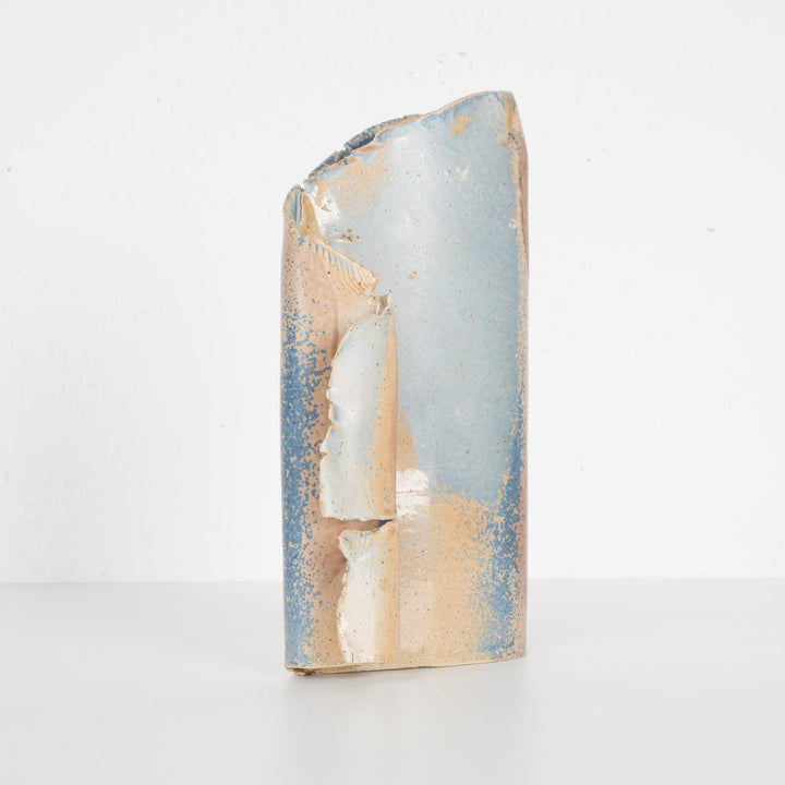 Handmade narrow ceramic vase – light blue and beige, hanging