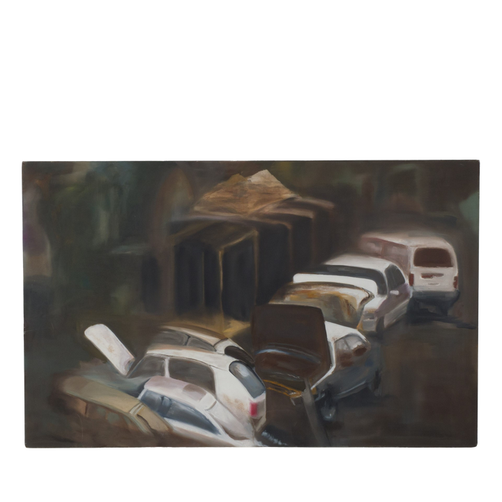 Contemporary elongated large painting of a junkyard by Hilde Deceuninck