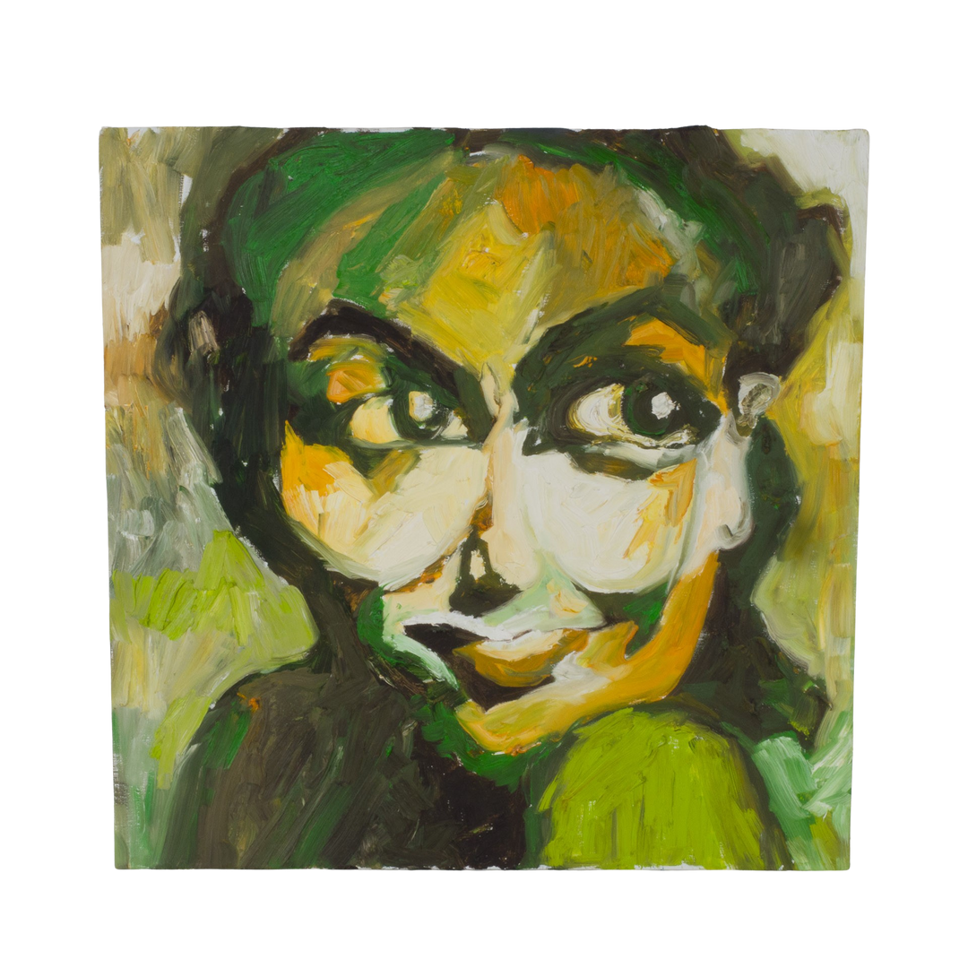 Portrait painting of a woman in green, yellow and orange by artist Hilde Deceuninck