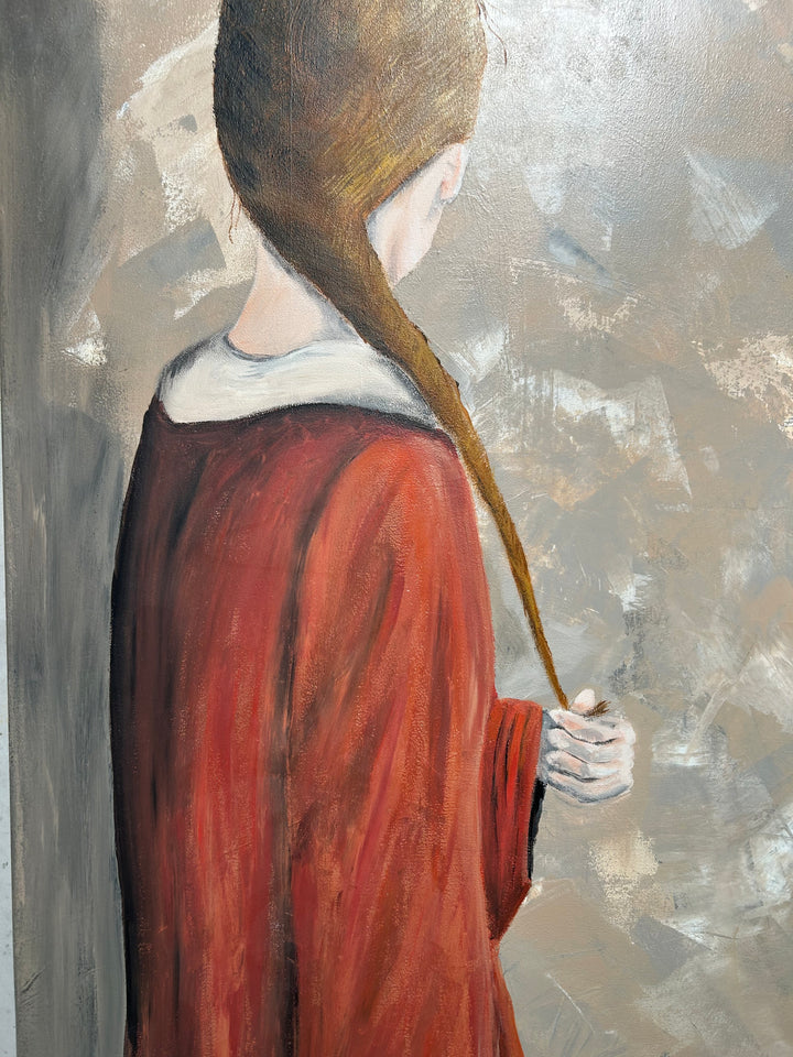 Schilderij Atelier S – 120 × 120 × 4 cm | Hedendaagse figuratieve kunst met abstracte achtergrond