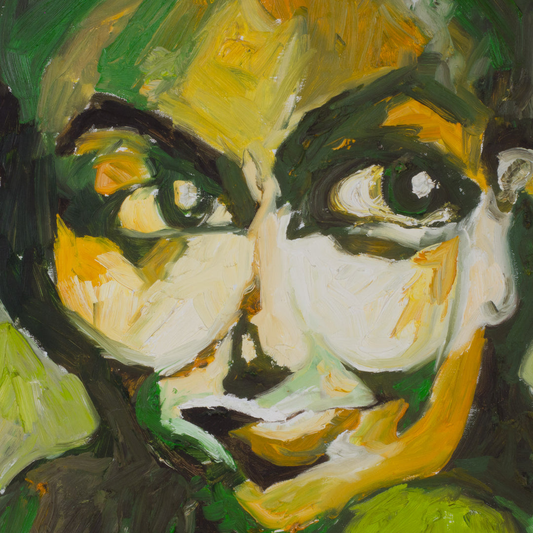 Portrait painting of a woman in green, yellow and orange by artist Hilde Deceuninck