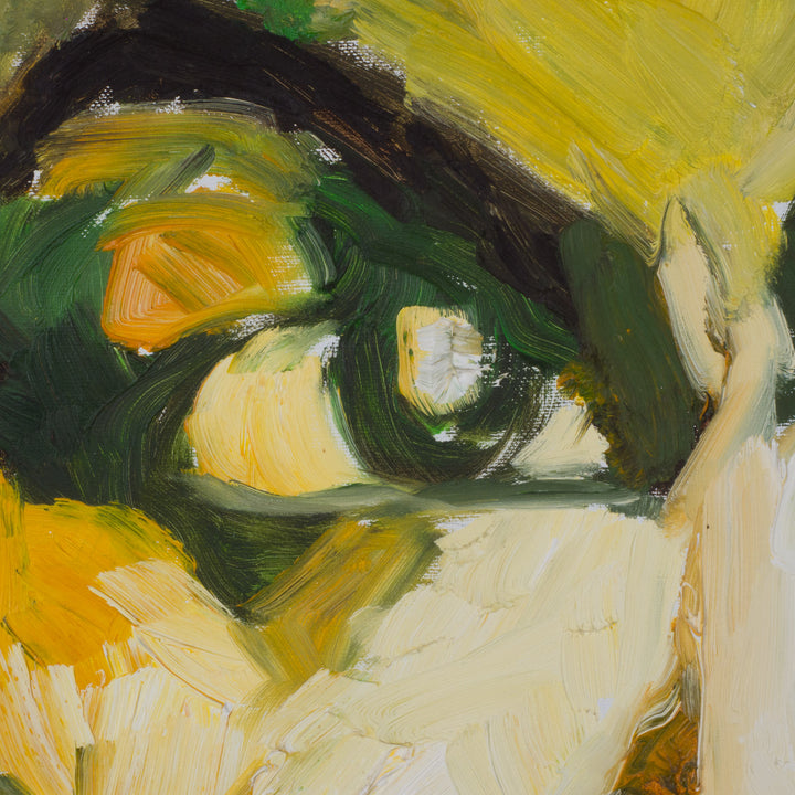 Portrait painting of a woman in green, yellow and orange by artist Hilde Deceuninck