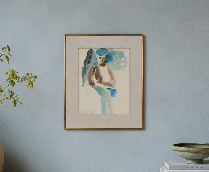 Aquarel door Anita Vandamme – Verstilde schoonheid in blauw en bruin /  65x77cm