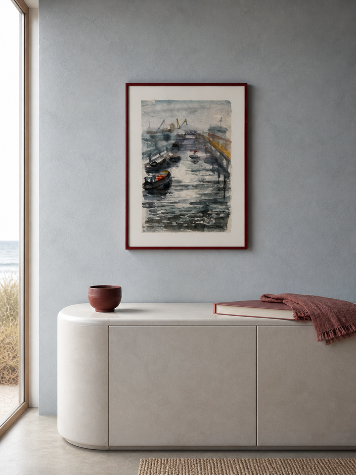 Aquarel van boten in een haven (1979) – Mary Habsch / 56 x 40,5 x 2,5 cm